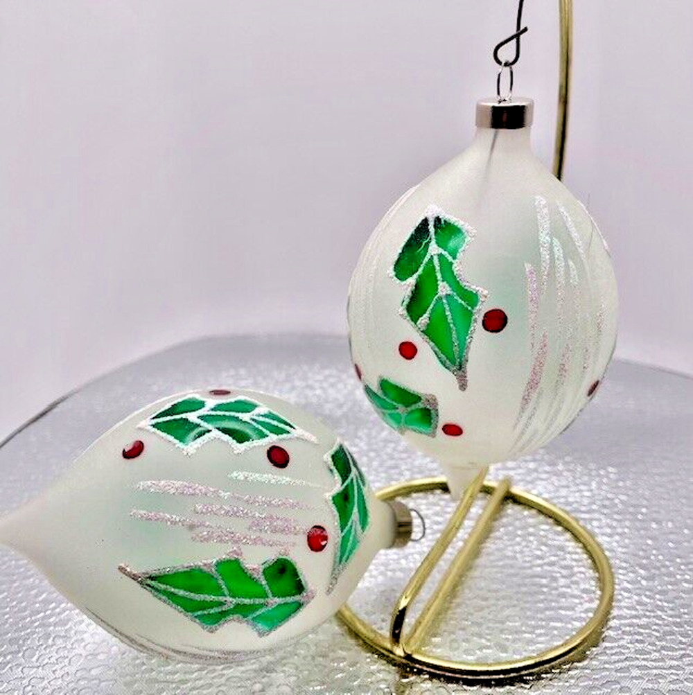 Vintage White Holly House Christmas Ornament Set of 2 Glass Hand Painted